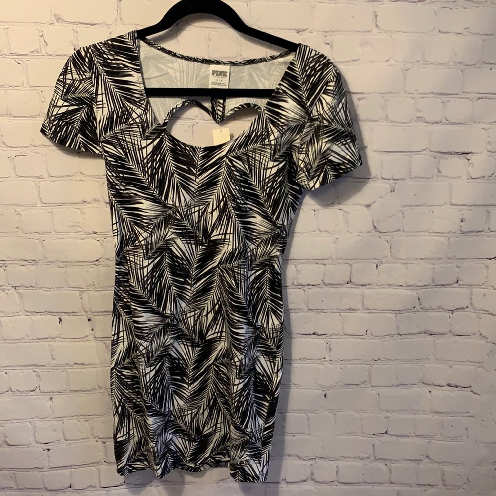 PINK tropical bodycon dress black and white